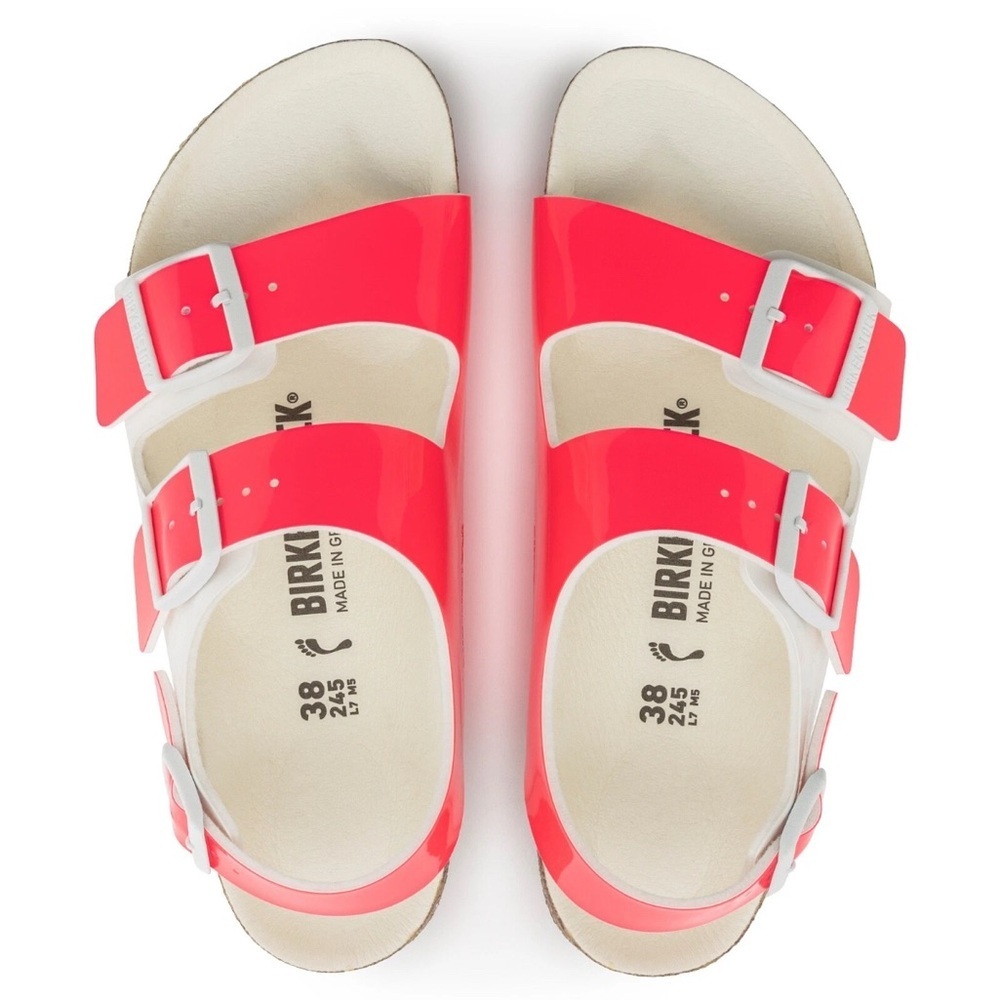Birkenstock Milano Neon Pink Sandals Shoes Vegan Patent - Picture 4 of 16